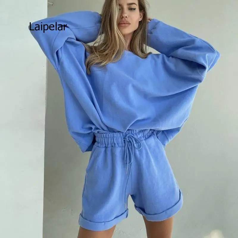 

2021 New Women's Long Sleeve Round Neck Top Loose Shorts Two Piece Fashion Casual Suit