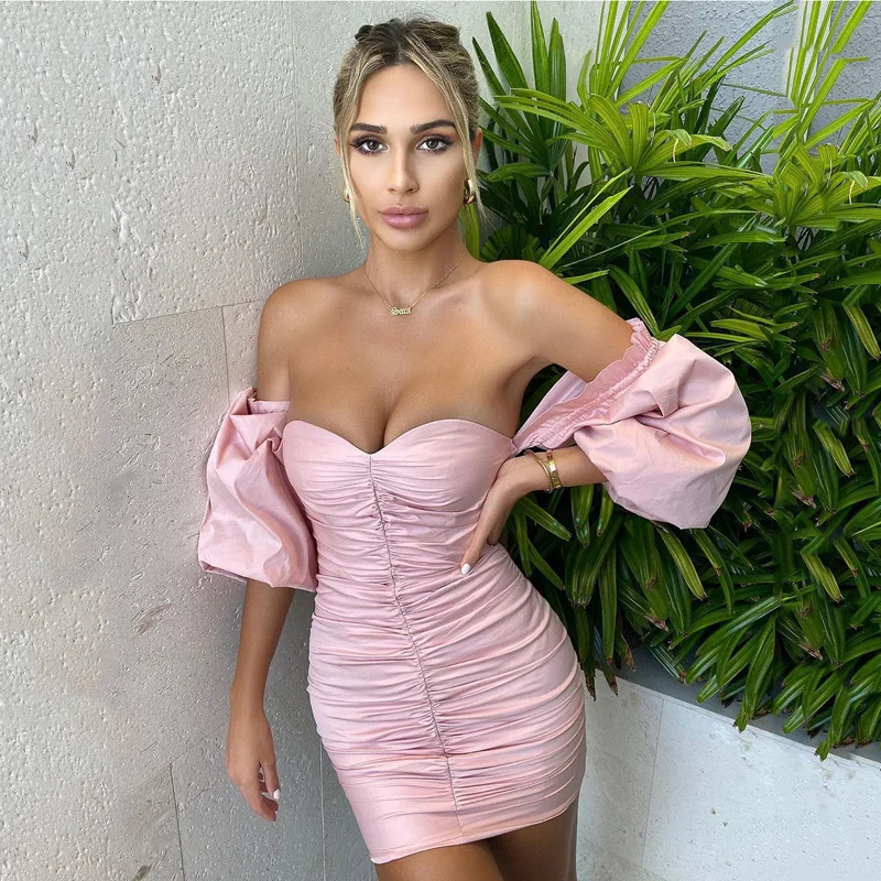 2022 New Pop Off Shoulder Straight Neck Pleated Sexy Lantern Sleeve Strapless Dress Autumn Winter