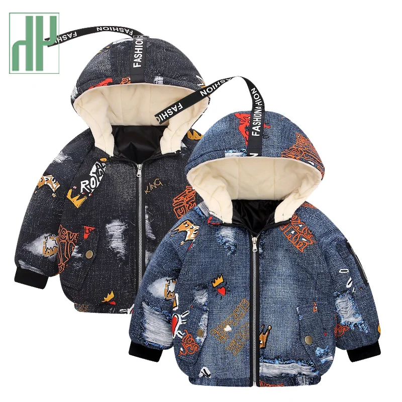Детская зимняя куртка Детское пальто с капюшоном и граффити Теплая Плотная