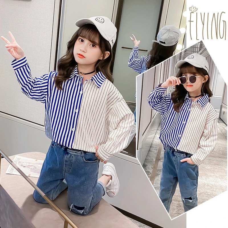 

Рубашка для девочек, весна-осень 2021, корейские топы, Детская рубашка в полоску, одежда для студентов, блузка неправильной формы с длинным рук...