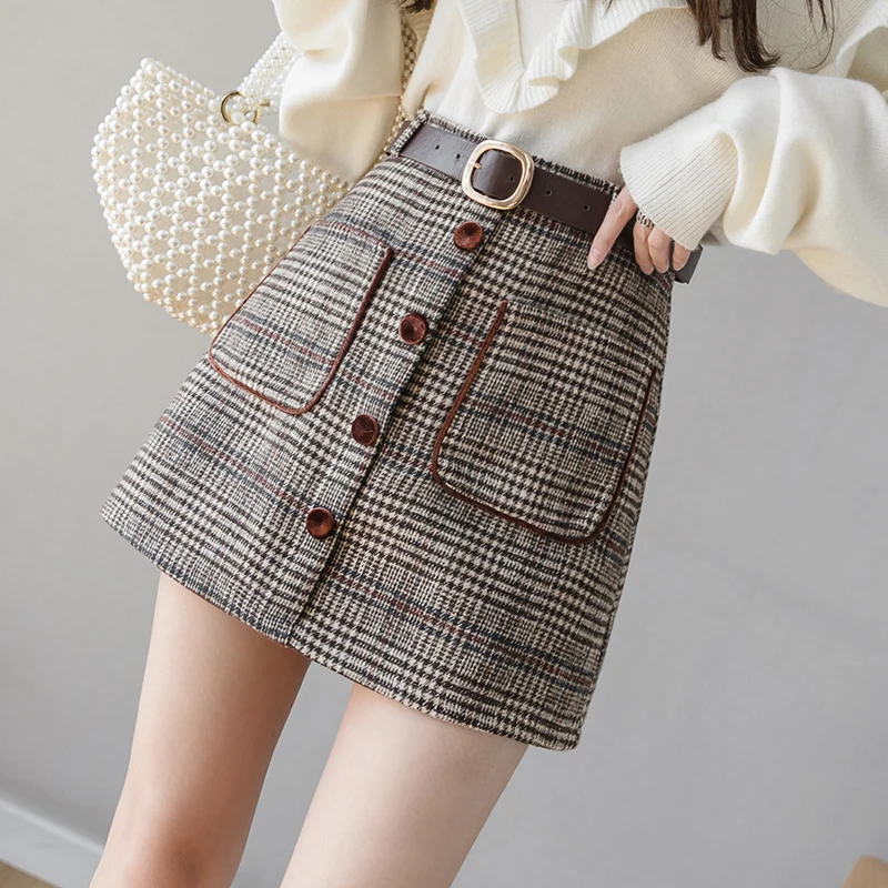 Винтажные шерстяные мини-юбки женские клетчатые юбки-карандаш большого размера