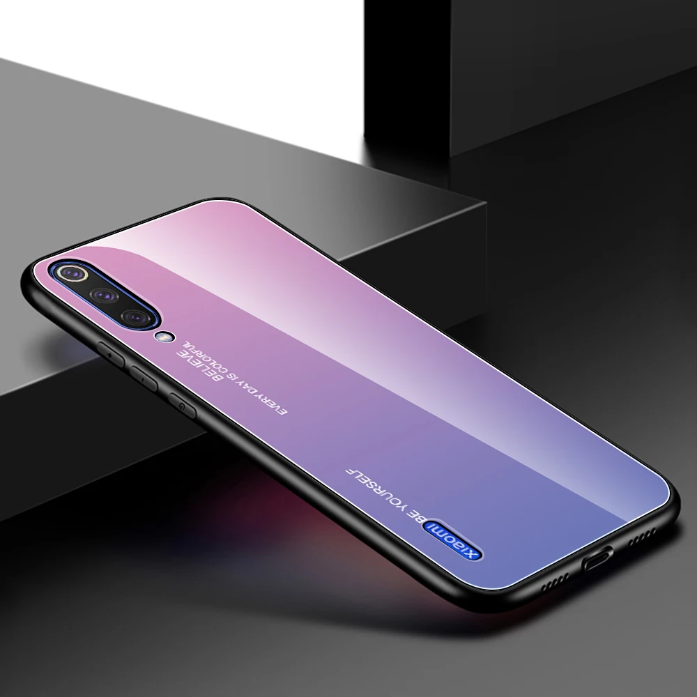 Pink Purplr Чехол из закаленного стекла для Xiaomi Mi A3 Lite 9T RedMi 7A Note 7 8 K20 Pro цветной градиентный глянцевый чехол для Xiaomi RedMi Note 8 - Цвет: Pink Purplr