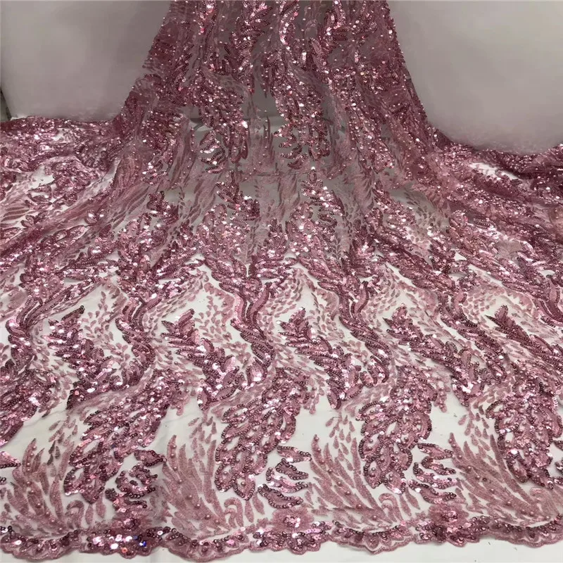 Madison Nigerian Lace Fabric 2019 High Quality Sequin Navy blue Embroidered Tulle African Pink 5Yards | Дом и сад