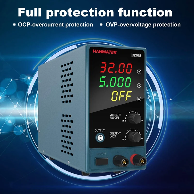 

HANMATEK 30V 5A DC Power Supply Adjustable 4 Digit Display Mini Laboratory Power Supply Voltage Regulator HM305 with EU Plug
