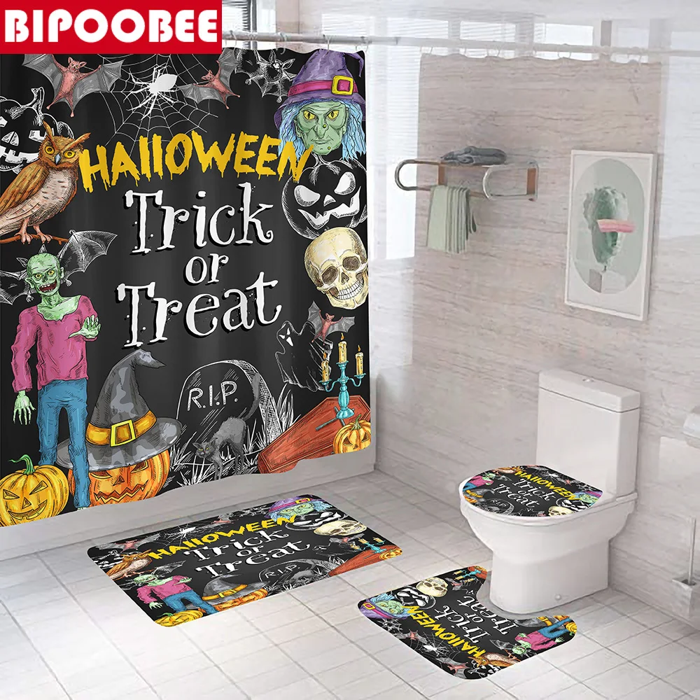

Halloween Shower Curtains Day of The Dead Bathroom Curtain Set Nightmare Before Christmas Non-Slip Rug Toilet Cover and Bath Mat