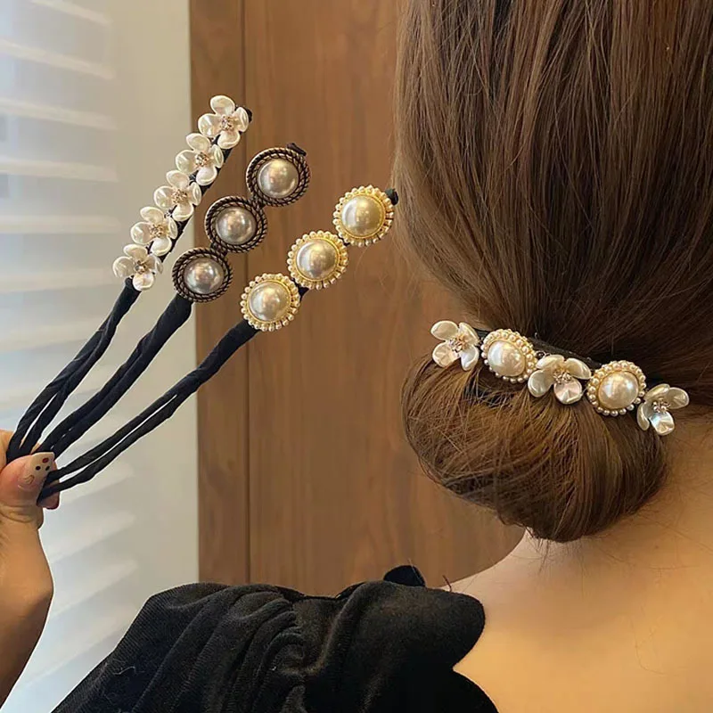 

Fashion Girls DIY Hairstyle Headband Tools Donut Pearl Flower Hair Bands New Pearls Magic Bun Maker Hairbands Accessories