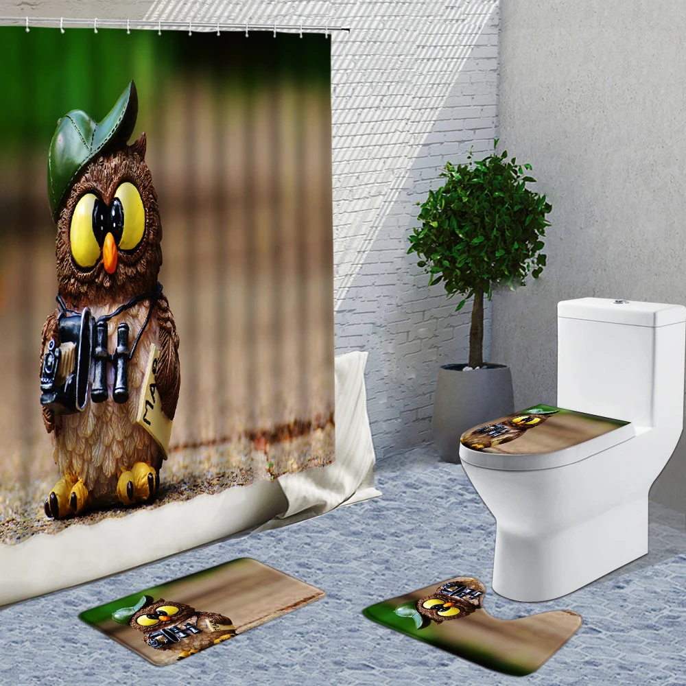 

3D Cartoon Owl Shower Curtain 4 Pieces Set Animal Bath Decor Curtains Flannel Non-Slip Rug Set Of Bath Mats Bathroom Supplies