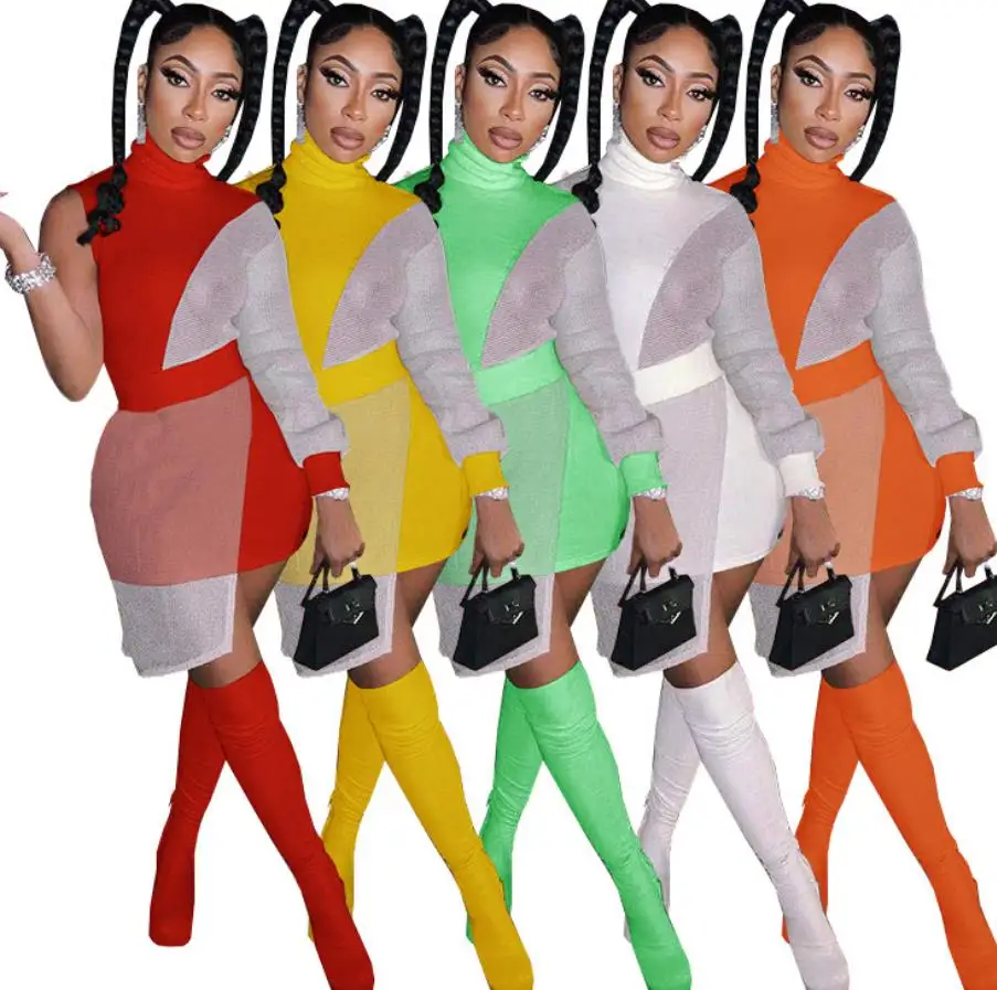 Асимметричный дизайн женское платье 2021 летнее облегающее Сетчатое лоскутное на