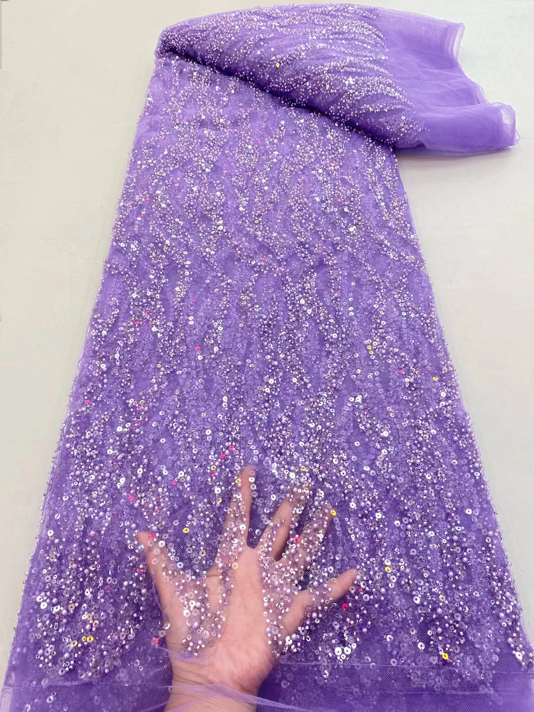 

(5yards/pc) High grade embroidered African beads tulle lace fabric lilac purple French net lace for gorgeous party dress FRX064