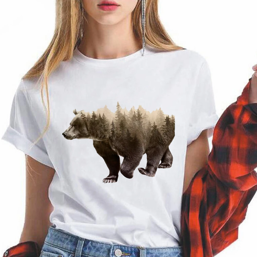 

Forest Big Brown Bear Printed Cartoon T Shirts Women Modern Crewneck Short Sleeve Fashion Hot Selling Vetement Mujer Top Tee
