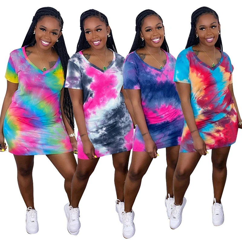 

Tie Dye Deep V Dress Short Sleeve Summer Clothes for Women Birthday Outfits Sexy Clubwear Bodycon Night Party Mini Dress