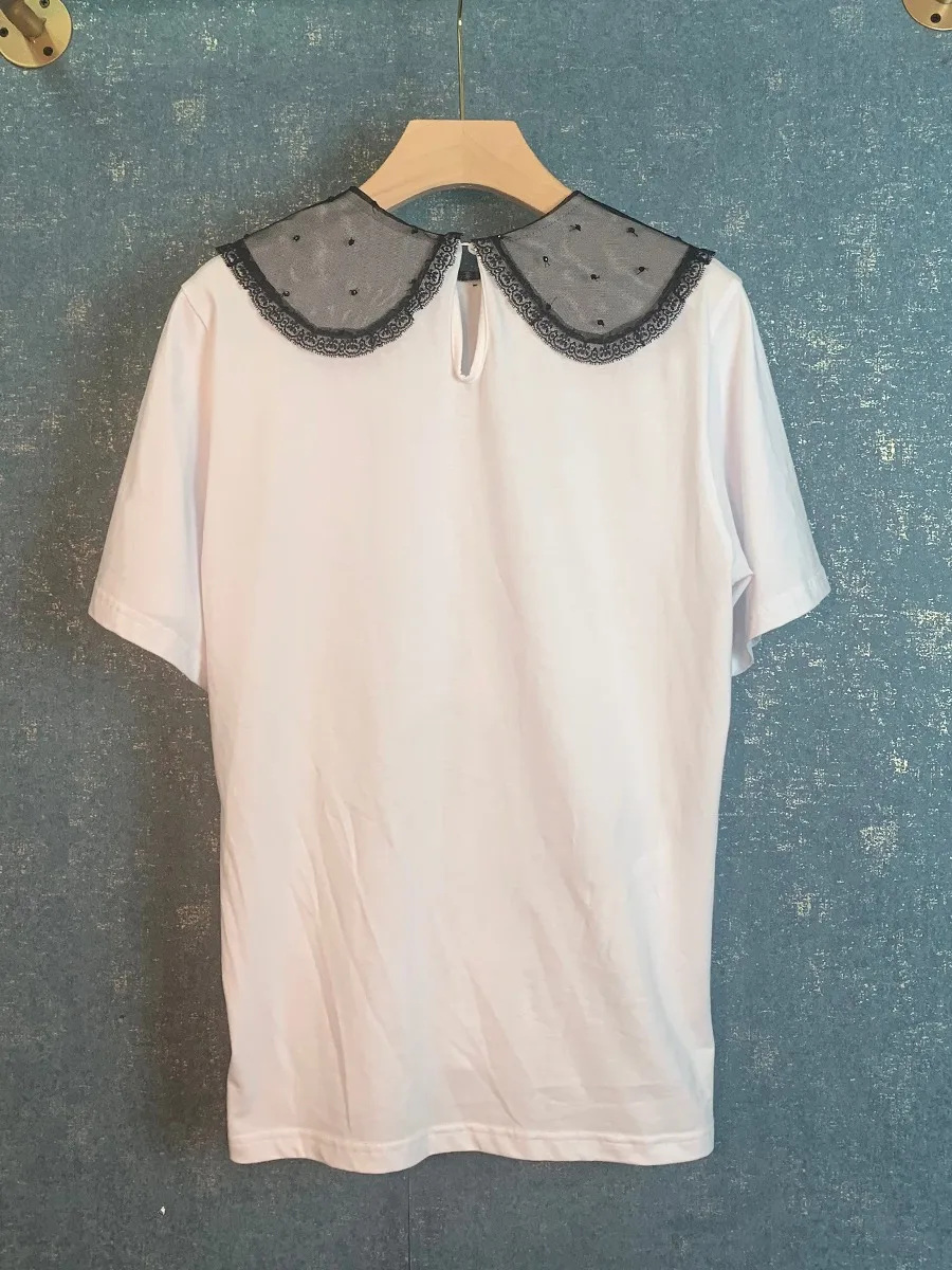 

Eureeky Luxury Brand Cotton Black Mesh Collar T-shirt Women 2021 Summer Sweet Casual Loose Letters Beading Short Sleeves Tshirts