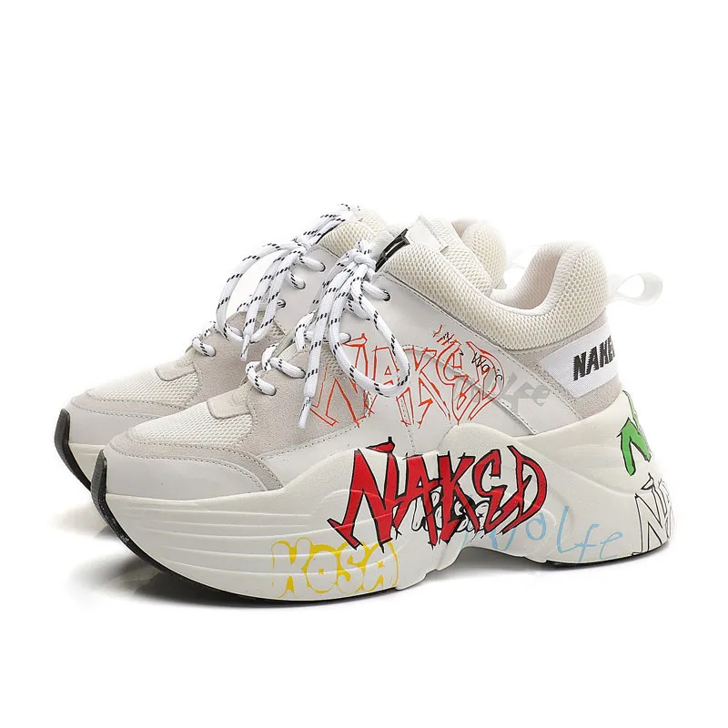 

Designer Graffiti Women Sneakers Ins Street Style Genuine Leather Platform Shoes Lace Up Ladies Sneakers Flats Casual Shoes 2021