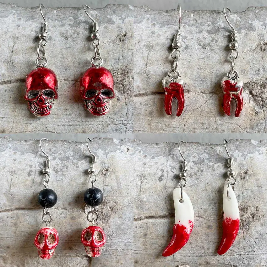 

Vintage Silver Ensanguine Metal Tooth Skull Dangle Earrings for Women 2021 New All Saints' Day Jewelry Wholesale