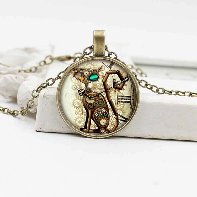 Новая мода стимпанк кошка кулон часы Подвеска Ожерелье из стекла ювелирные