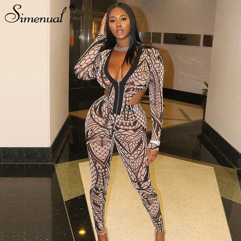 

Simenual Mesh V Neck See Through Co-ord Sets Zipper Long Sleeve Print Sheer Bodysuit And Pants Sexy Two Piece Outfits Clubwear