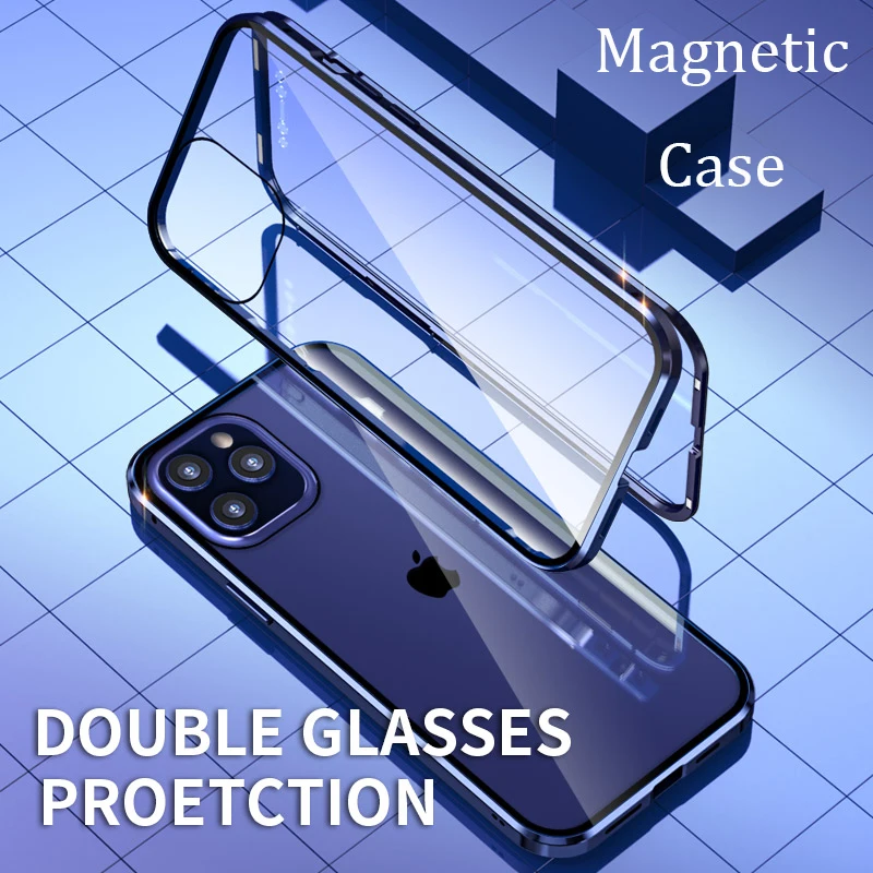 

For iphone 12 Pro Max Magnetic Case iphone12 360 double-sided Tempered Glass Case for iphone 12 Mini Metal Bumper Case