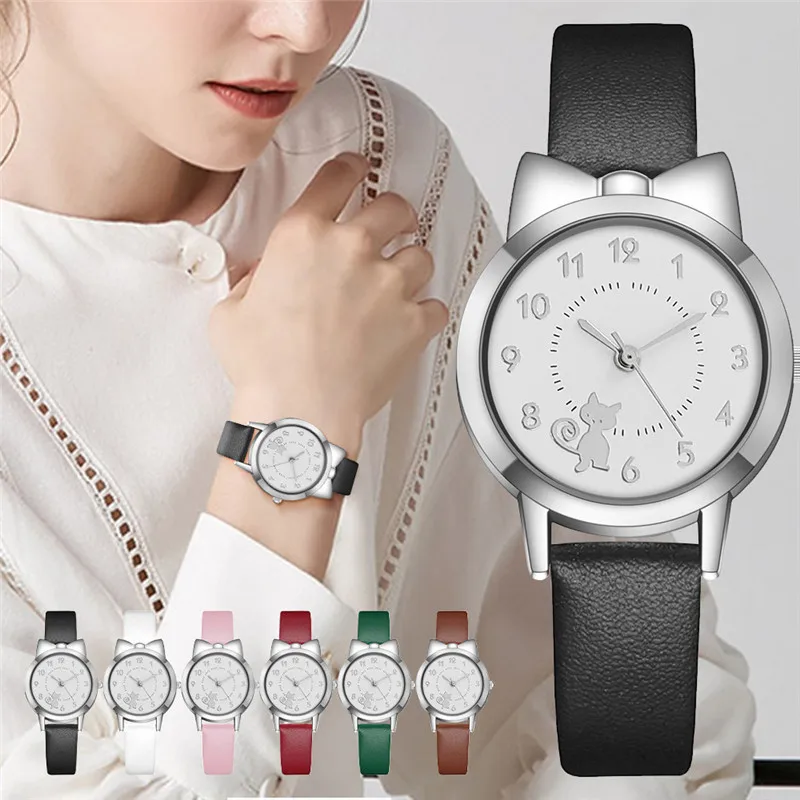 

Fashion Lovely Cat Quartz Watch PU Leather Women Arabic Numbers Watches Ladies Clock Gift