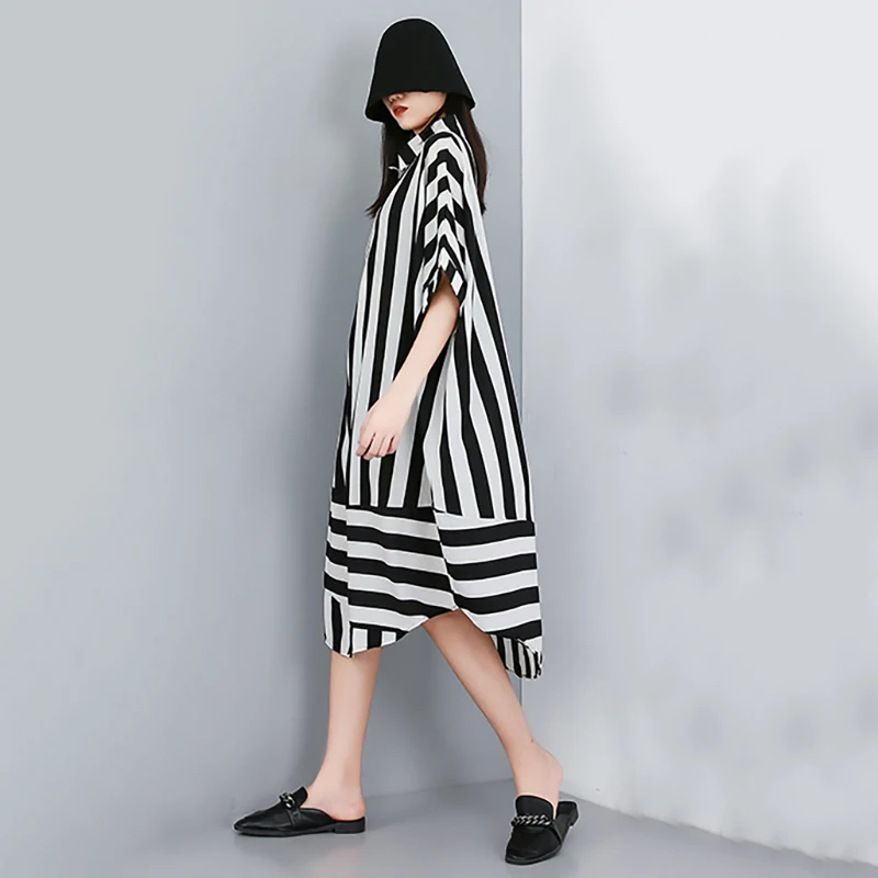 [EAM] Новинка 2021 весна лето рубашка с отворотом рукав до локтя черная в полоску