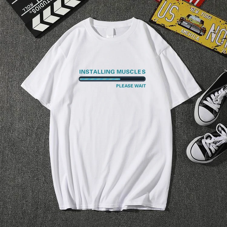Fashion Funny Installing Muscles Please Wait Printed T-shirts Men Brand Loose T-shirt Summer Hipster O-neck Tops Tee | Мужская одежда