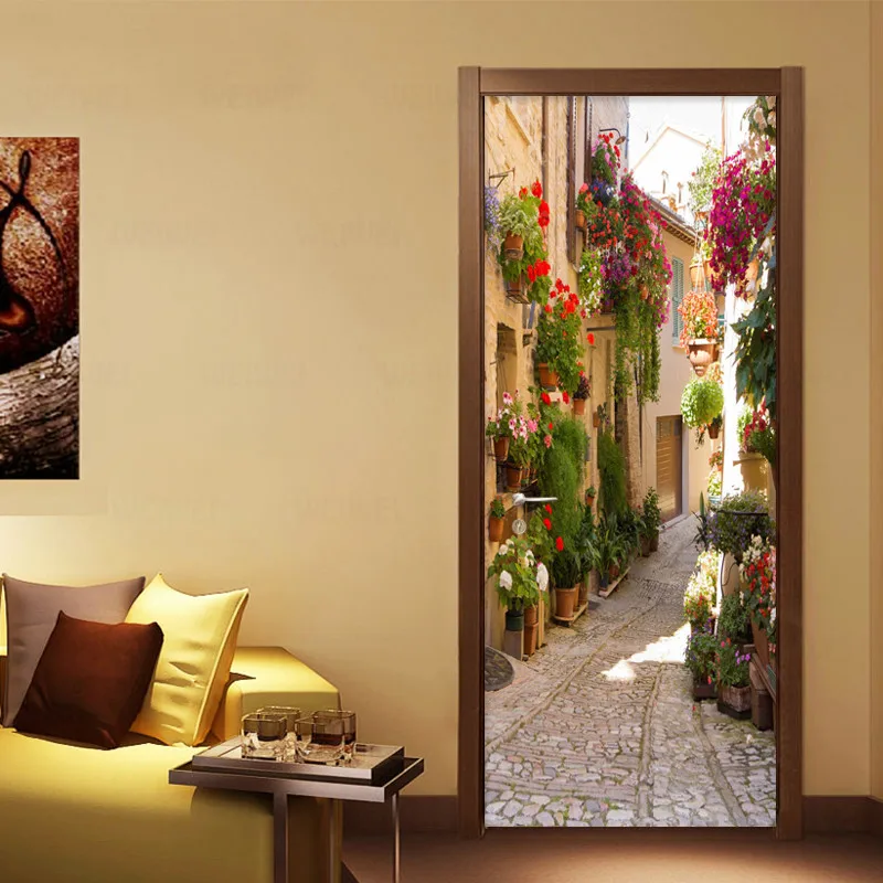 

3D Wallpaper PVC Self Adhesive Waterproof Photo Wall Mural Door Sticker European Street Landscape Cafe Dining Room Papel Mura