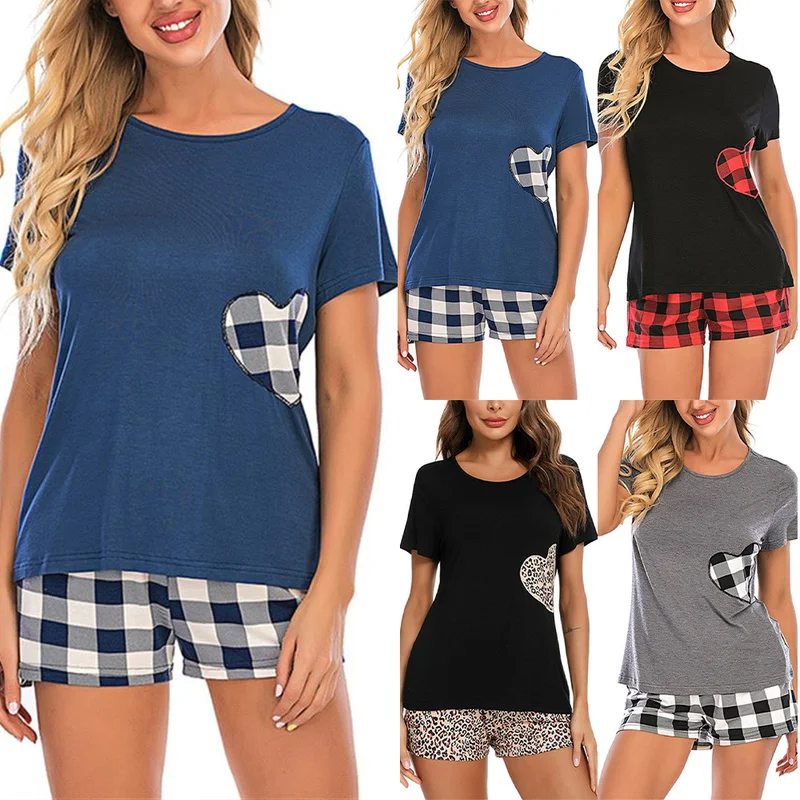 

Women Summer Short Sleeve Check Pajama Set Heart Printed Sleepwear Soft Homewear