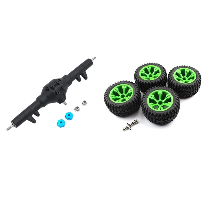 

2 Set Car Part: 1 Set Rubber Hub Wheel Rim Tyre & 1 Pcs Rear Straight Axle Gearbox Assembly Metal Rear Differential