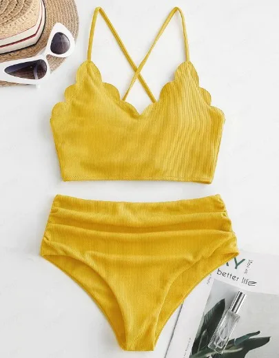 

Sexy Floral Side Solid Lace Up Bikinis 2021 Push Up 2 Piece Set Women's Swimsuit Padded Bra Swimming Suit For Women High Waist