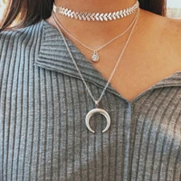 huatang multilayer crescent pendant necklace 3 layer crystal moon arrow long chains necklaces for women girl choker jewelry 9752