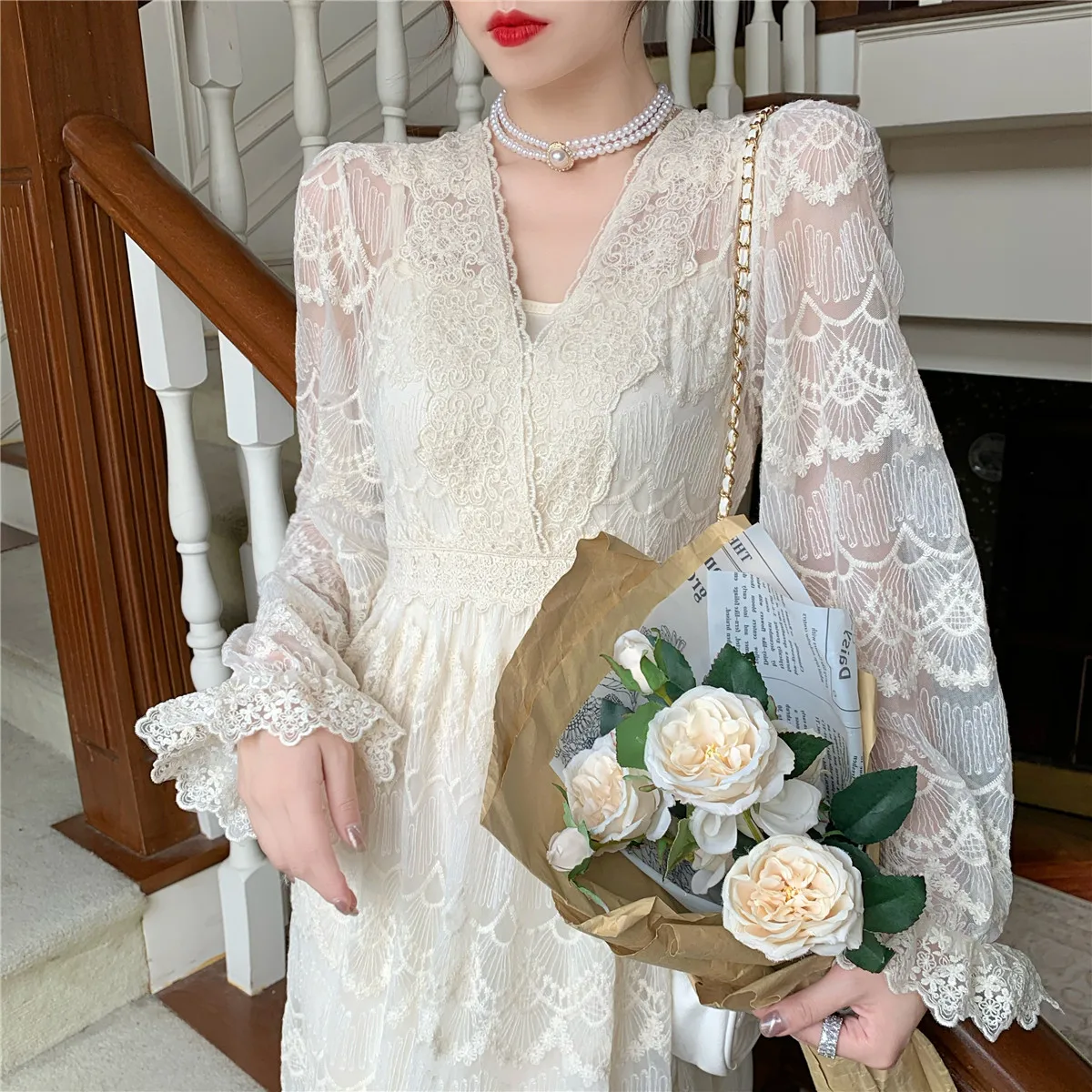 

2021 New Women Elegant Lace Dress Spring Autumn Fashion Casual V Neck Ruffles Dresses Ladies Vintage A Line Office Dress Vestido