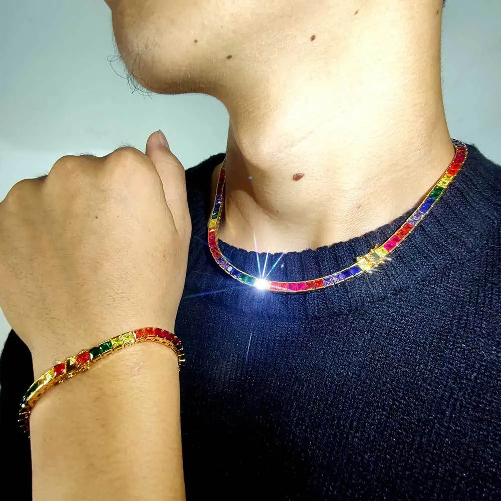

Hip Hop Bling Iced Out 4mm Square Multicolor CZ Stone Tennis Link Chain Chokers Necklaces for Men Women Unisex Jewelry
