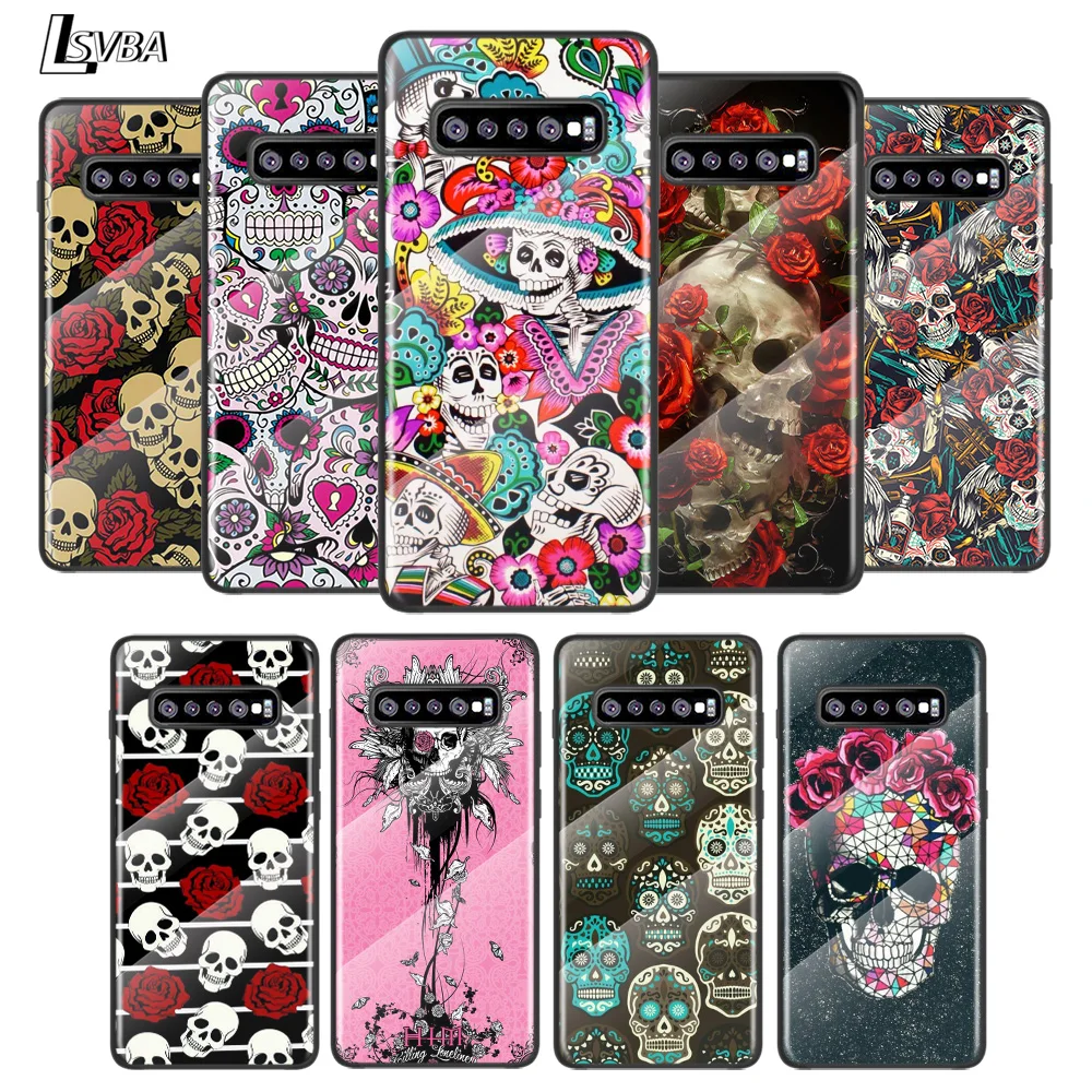 

Art Flower Skull For Samsung Galaxy S20 FE S10e S10 S9 S8 Ultra Plus Lite Plus 5G Tempered Glass Cover Phone Case