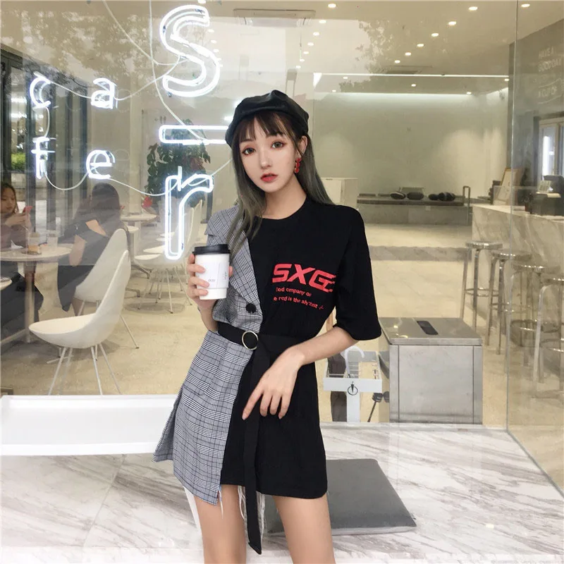 

Woman Harajuku Fashion Short Sleeve Balck Mini Dress With Belt Wrap Sexy Bodycon Sundress Office Clothes Streetswear