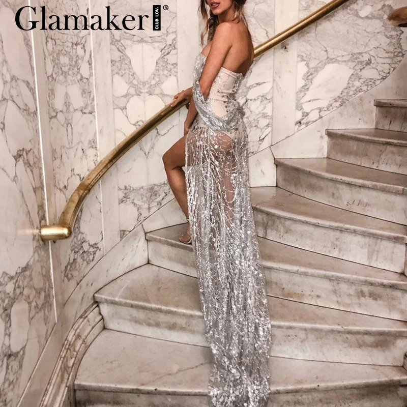 Glamaker прозрачное высокое пикантное платье с разрезом для женщин, с блестками, Осеннее Элегантное макси платье, вечерние, Клубные, с открытой спиной, длинное, облегающее, ночное платье