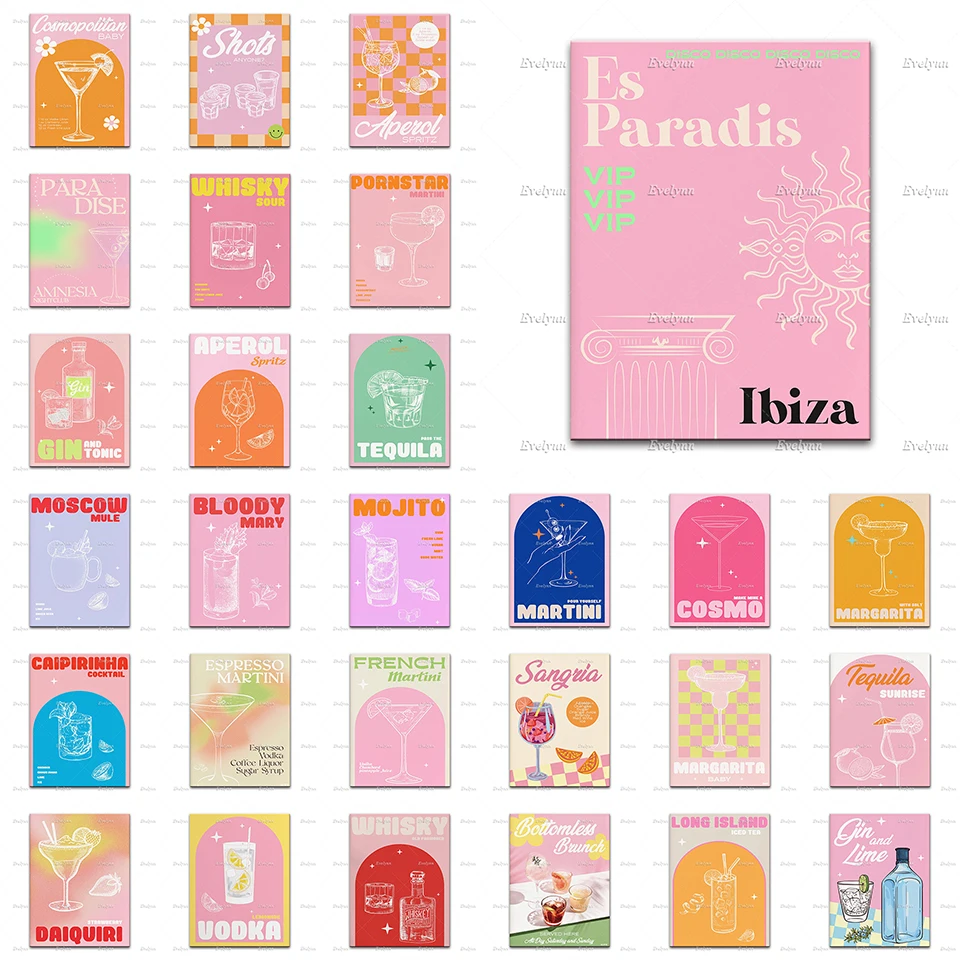 

Cocktail Posters, Cocktail Drink, Colourful Art,Bar Prints, Wall Art, Vintage Drinks Ibiza Kitchen Decor Canvas Wall Art Prints