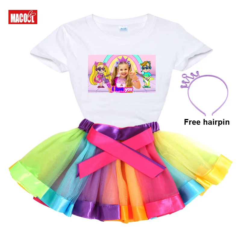 Conjunto de ropa para ni&ntilde;a, vestido de arco&iacute;ris, traje de tut&uacute;, falda de verano, ropa para ni&ntilde;o, traje de beb&eacute;, camiseta de amor Diana-0
