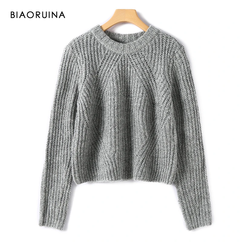 BIAORUINA 3 Colors Women's Solid Thick Needle Knitted O-neck Short Sweater Autumn Winter Female Casual Fashion Loose Pullovers | Женская