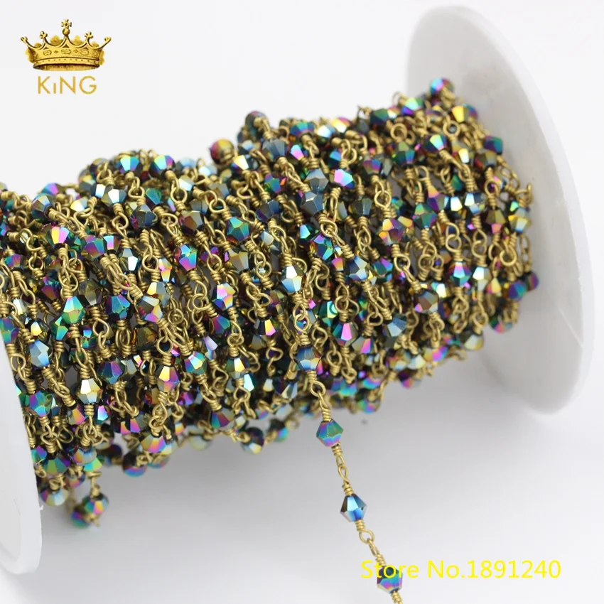 

5M/lot 4mm Titanium Glass Beaded Chain Jewelry Findings,Faceted Rice Shaped Glass Plated Bronze Links Glass Body Chain Supplies