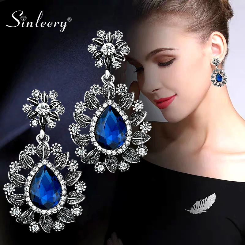 SINLEERY винтажные красные черные синие капли слез из камня серьги женские