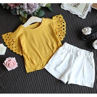 2021 new summer hollow flying sleeve solid color topshorts 2pcs girl set kid clothes clothing sets childrens clothing