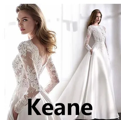 

Vintage Wedding Dresses Satin Train Illusion Lace Full Sleeves Pockets Bride Gown Abiti Da Sposa Vestidos De Novia De Noche