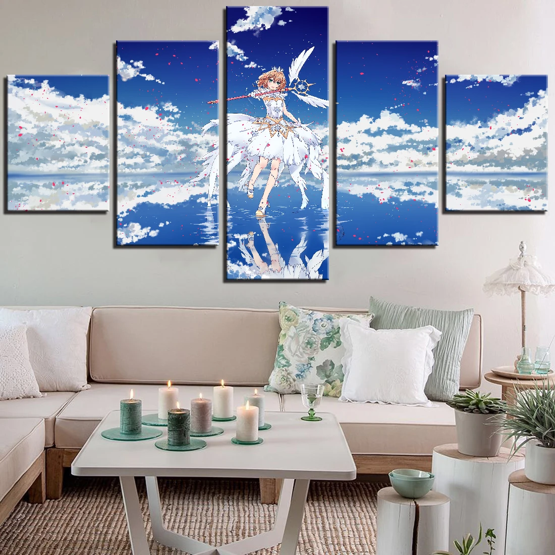 5 панелей аниме картон Сакура/девочка в голубом небе и белые облака мультяшный