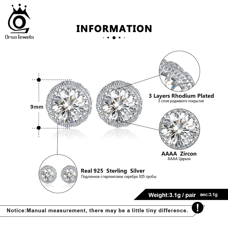ORSA JEWELS Роскошные серьги с сверкающий камень Pure 925 Серебряные серьги-гвоздики
