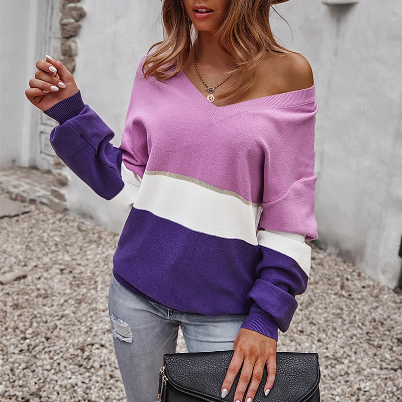 Женский свитер в полоску с длинным рукавом и V-образным вырезом |