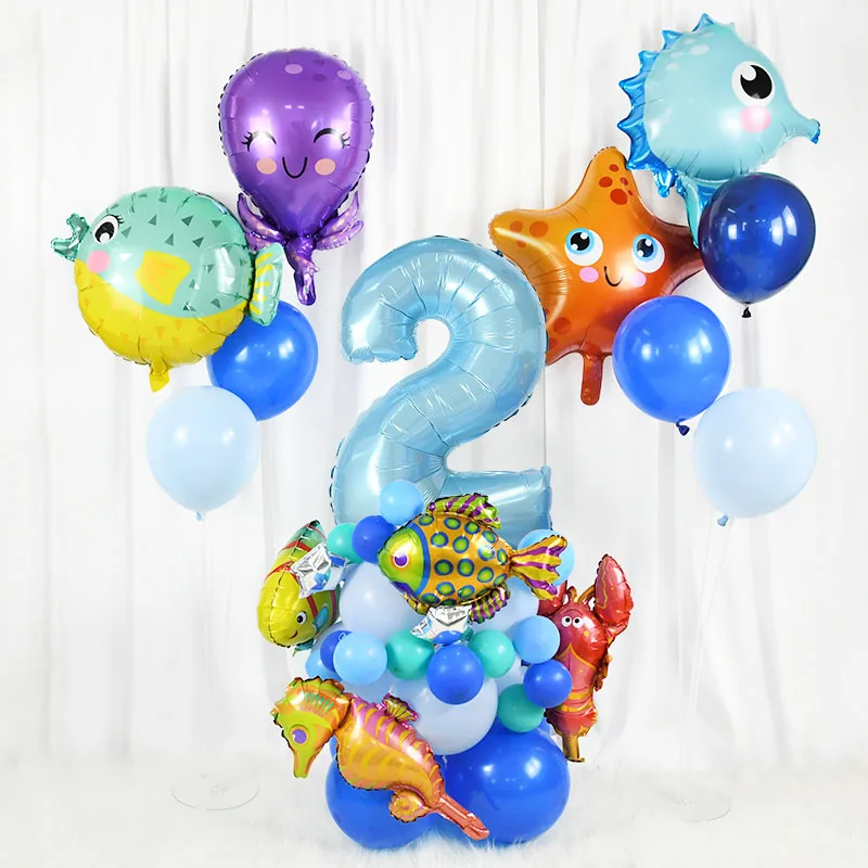 

45pcs Cute Fish Ocean Animals 24 inch Blue Number Foil Balloon Baby Shower Set Under Sea Theme Party Birthday Helium Globos