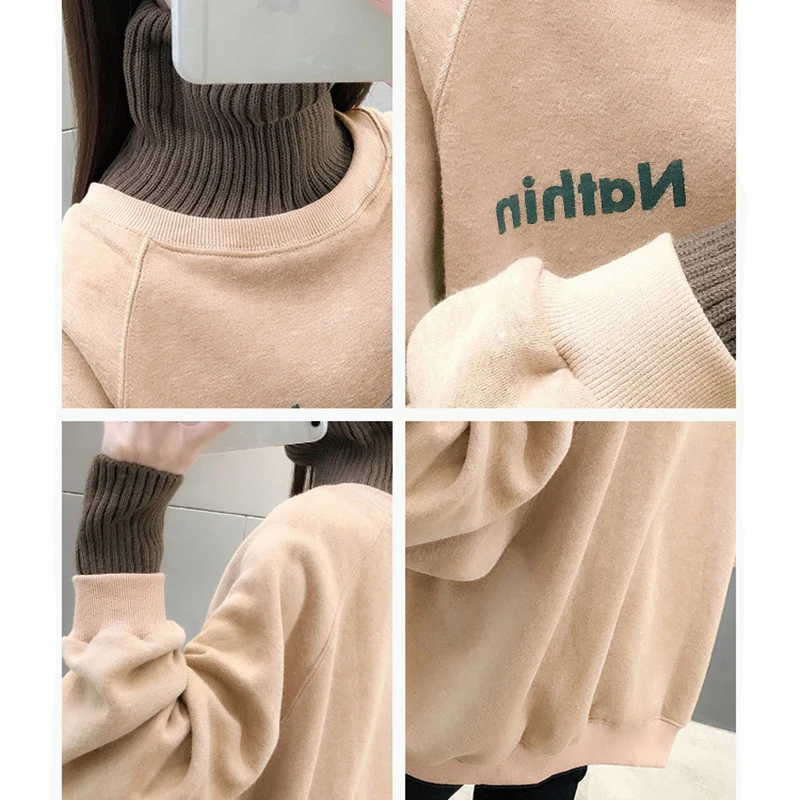 Женский свитшот с круглым вырезом Свободный пуловер высоким воротником и