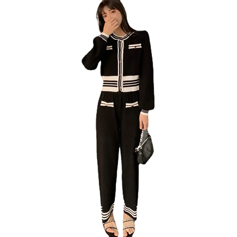 

Korean Tracksuits Autumn Knitted Women Button Cardigan Top And Wide Leg Pants Contrast Color Striped Two-piece Women Suit Sets