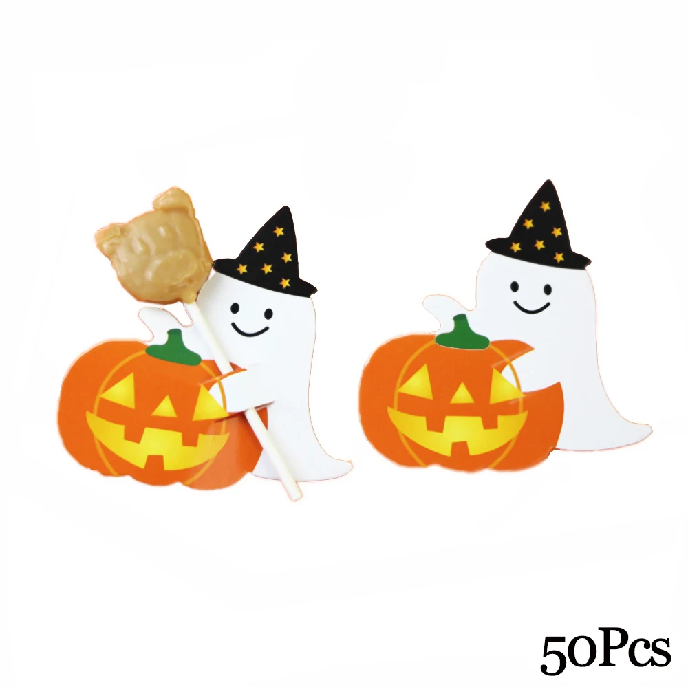 50Pcs Ghost Pupmkin Держатель для леденцов, бумажные карты для конфет, леденец, украшение, карта с мультяшным принтом, на Хэллоуин, Рождество, день рождения, конфета, аксессуары - Цвет: 50Pcs Ghost Pupmkin