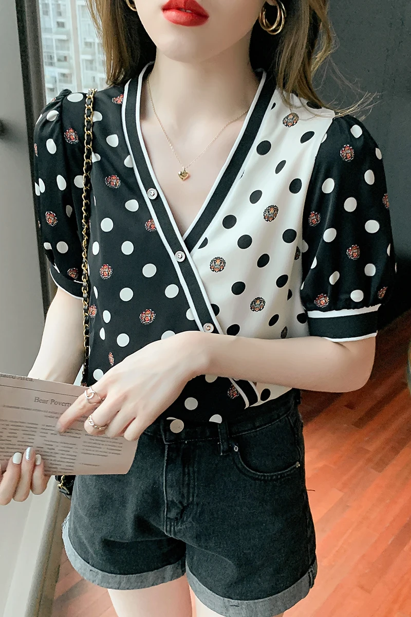 

Chiffon Loose Women's Shirts New Retro Fashion Blouse Casual Short Sleeve Blusas Polka Dot V-neck Shirt Summer Houthion