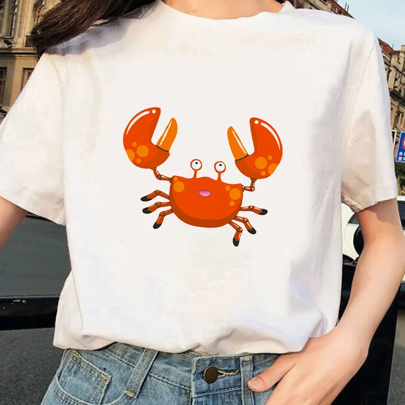 

Cute Crab Print T Shirt Women Short Sleeve O Neck Tops Tees Harajuku Ulzzang Clothes Causal Summer Women T-shirt